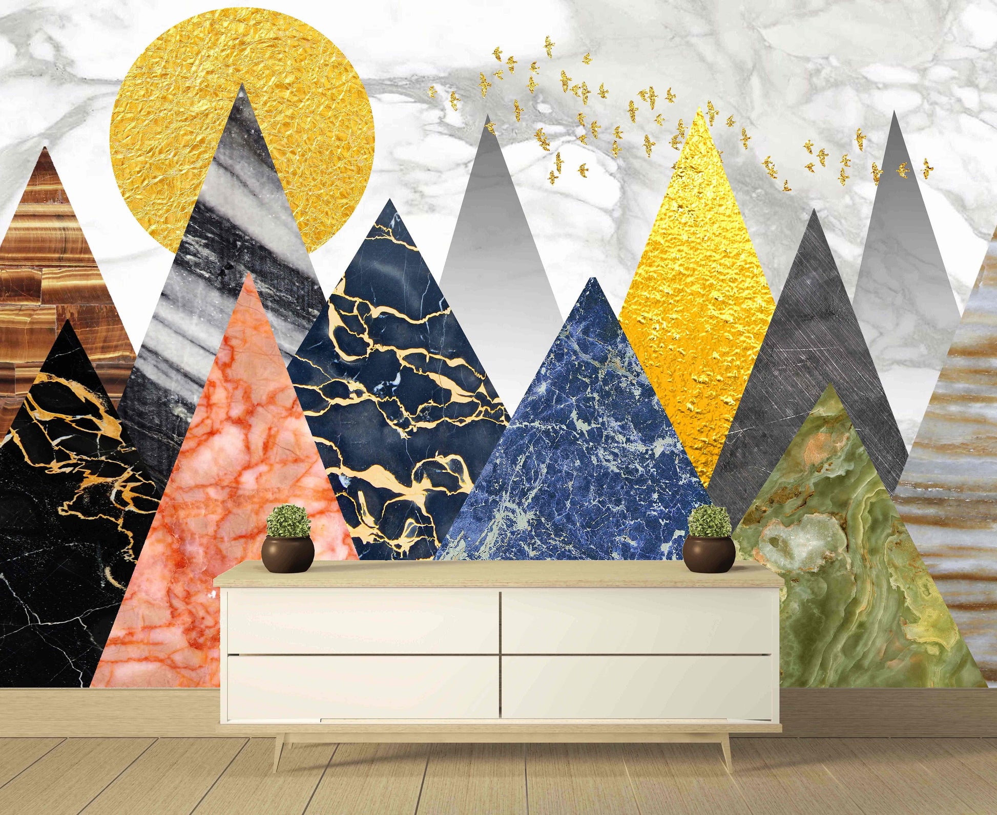 Geometric wallpaper mountains wall mural peel and stick, modern abstract wallpaper nature wall covering removable wall decoration