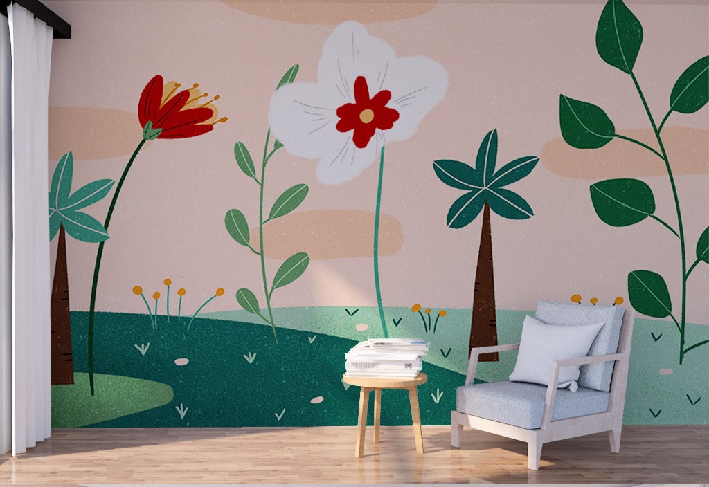 Flower field painting Wall mural prints Peel&stick wallpaper Botanical removable Flower wall backdrop Self adhesive mural Wall mural prints