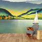 Mountain lake painting original art Sunset shimmer Emerald green wall decor Peel&stick wallpaper Mountain wall decal Home wall decor