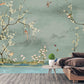 Japanese print Chinoiserie painted silk Sakura blossoms Botanical removable Flowers wall mural prints Peel & stick Art deco wallpaper