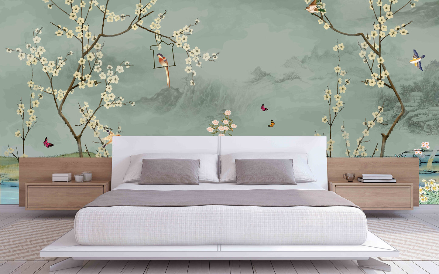 Japanese print Chinoiserie painted silk Sakura blossoms Botanical removable Flowers wall mural prints Peel & stick Art deco wallpaper