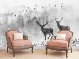 Wall mural dark forest black and white wallpaper peel and stick, deer printable, art deco wallpaper