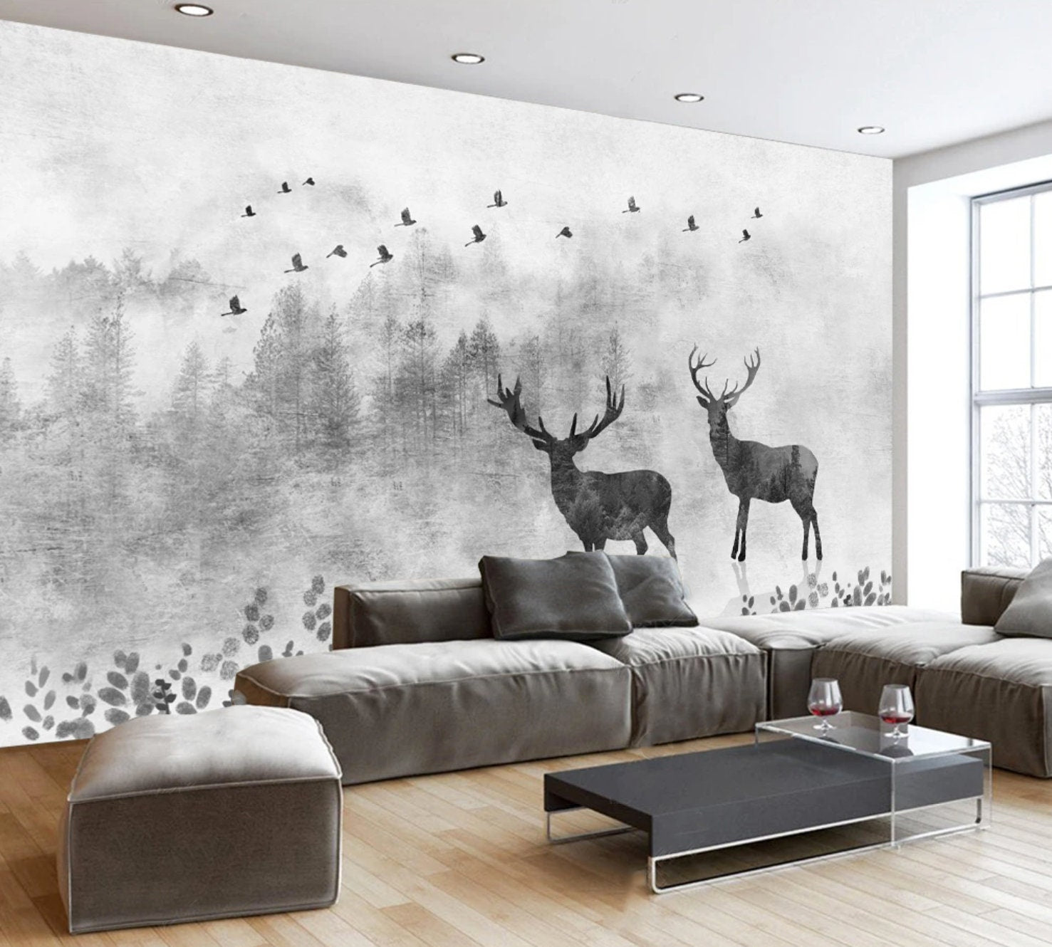 Wall mural dark forest black and white wallpaper peel and stick, deer printable, art deco wallpaper