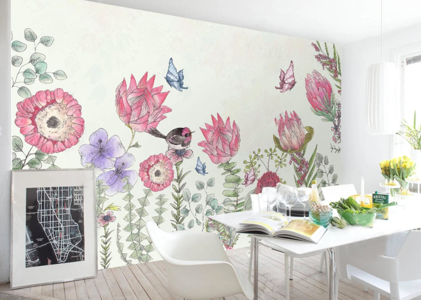 Peel and stick Wallpaper with birds and flowers Flower wall backdrop Peony wallpaper Botanical removable Home wall decor Murals for girls