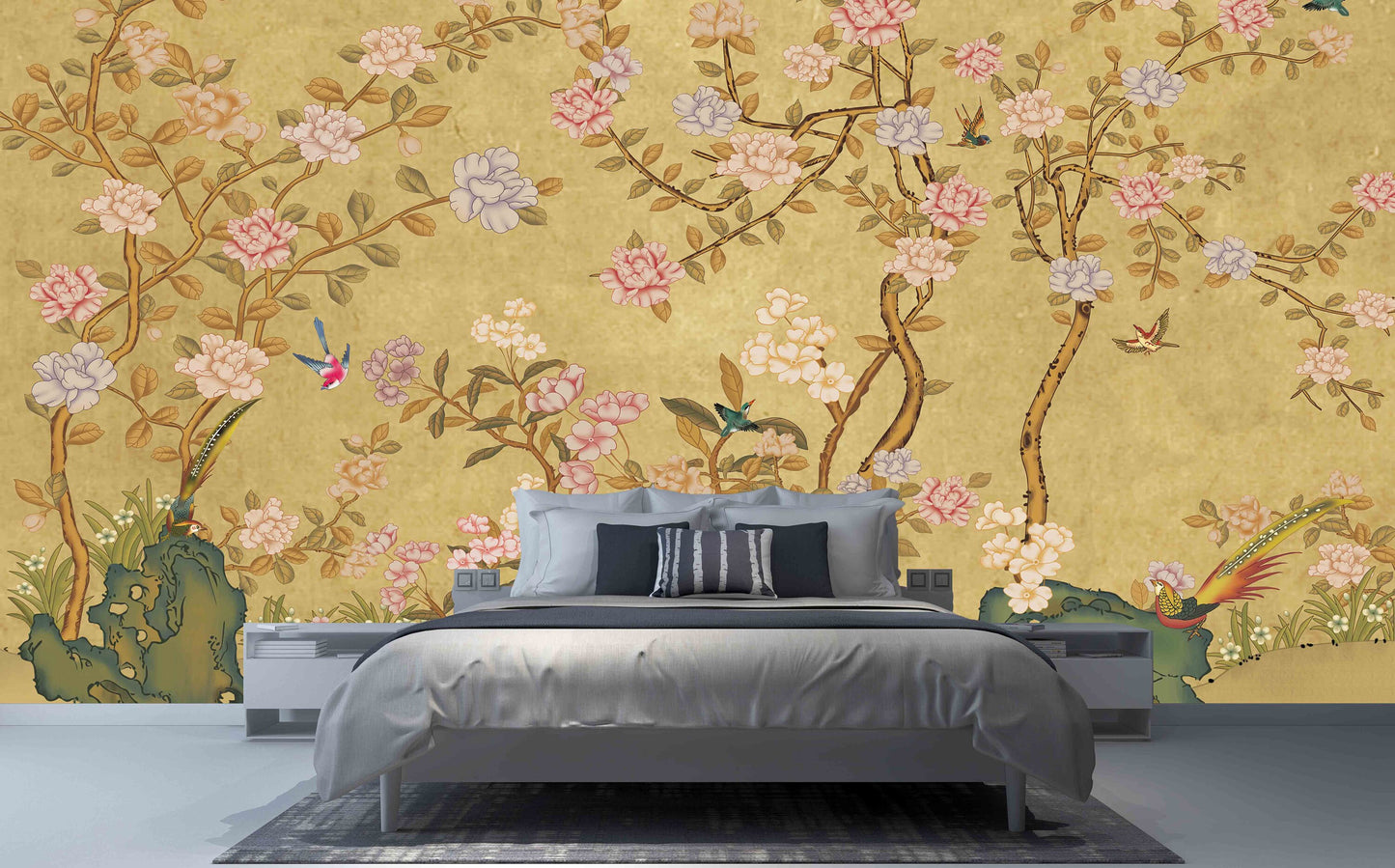 Japanese painting Chinoiserie wallpaper Botanical removable Japanese wall art Flowers wall mural prints Peel & stick