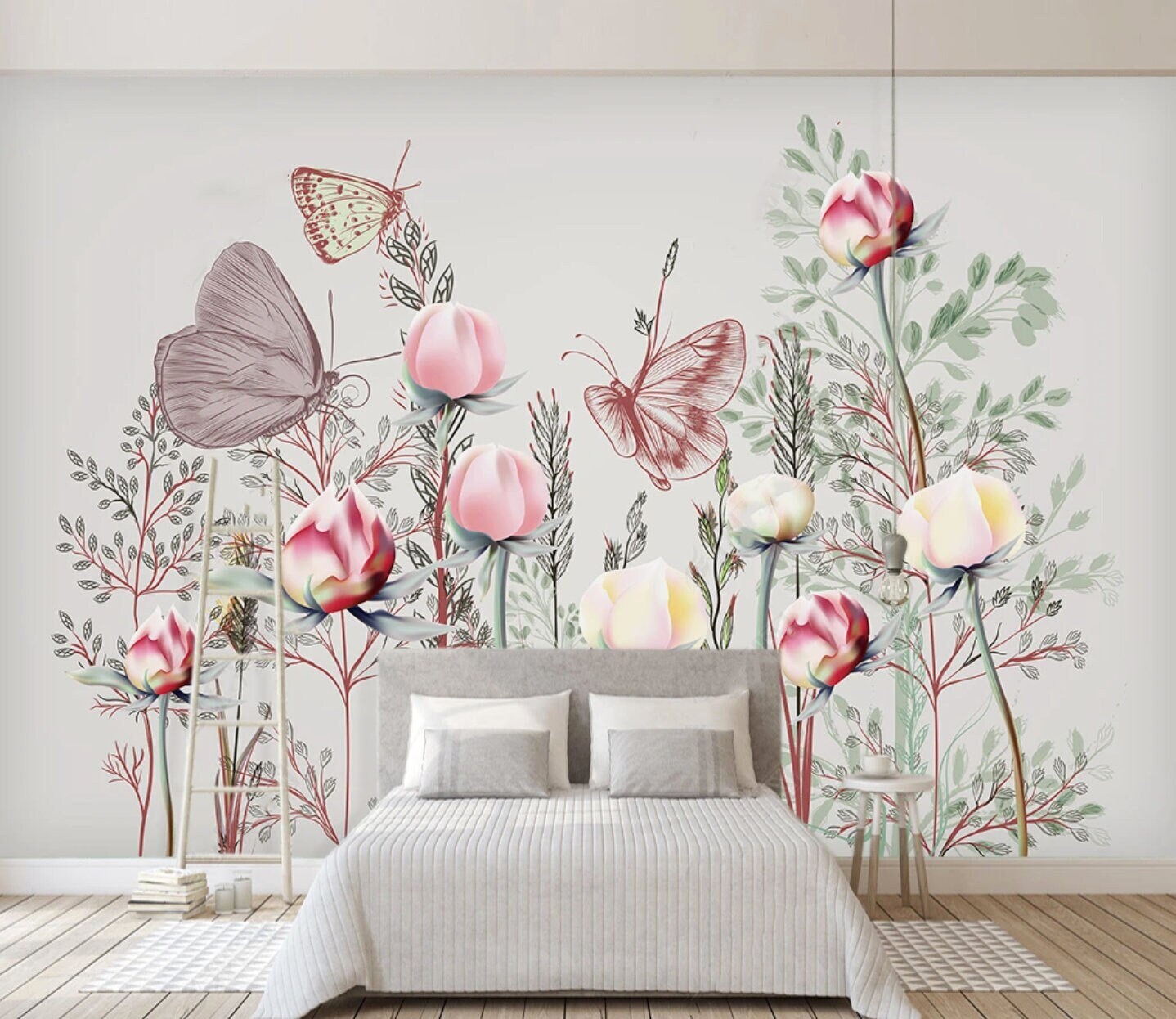 Peel and stick Flower wall backdrop Peony wallpaper Botanical removable Home wall decor Murals for girls Wall stickers butterflies