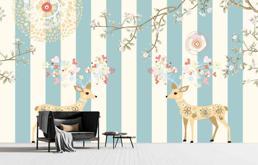 Nursery wallpaper Self adhesive mural Golden deer Home wall decor Peel and stick Giant wall mural Asian wall art Flowers wall mural prints