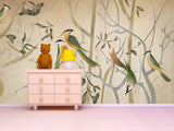 Green wallpaper birds Wallpaper with birds and flowers Chinoiserie painted silk Botanical removable Peel & stick Art deco wallpaper