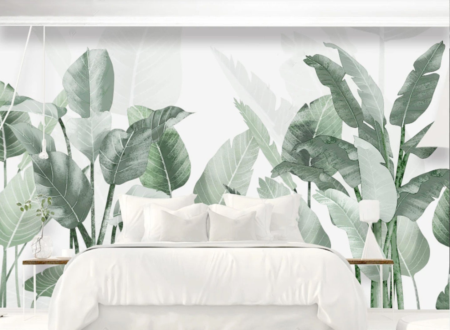 Green Banana Leaves Peel and stick Herb prints wall art Self adhesive mural Tropical art Textured wallpaper Green watercolor leaves clip art