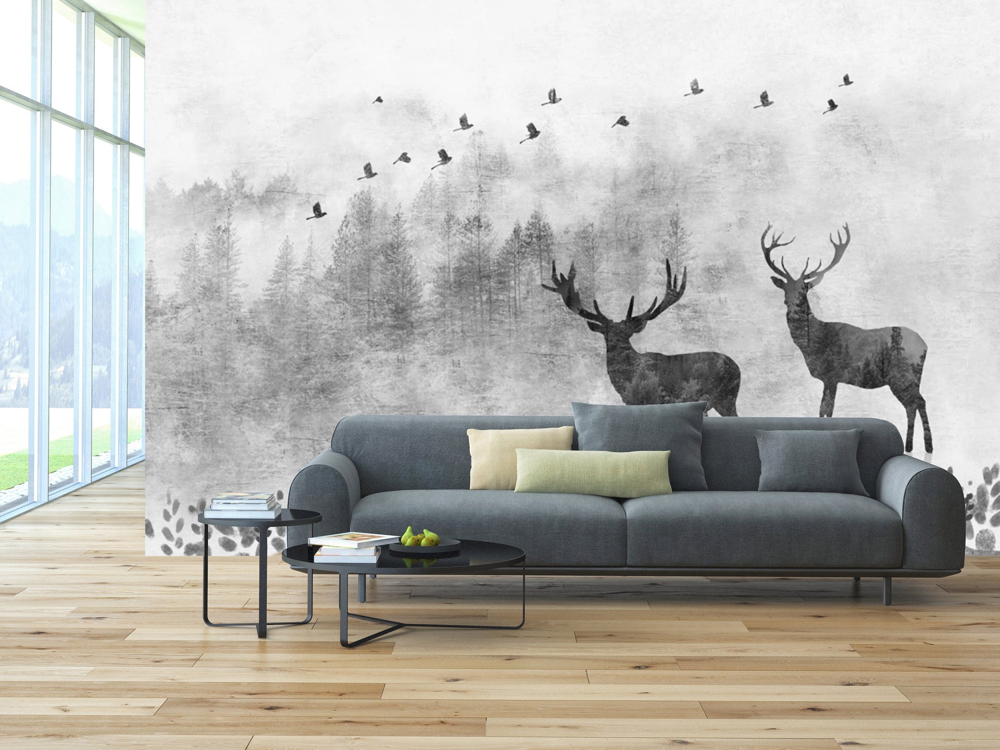 Wall mural dark forest black and white wallpaper peel and stick, deer printable, art deco wallpaper