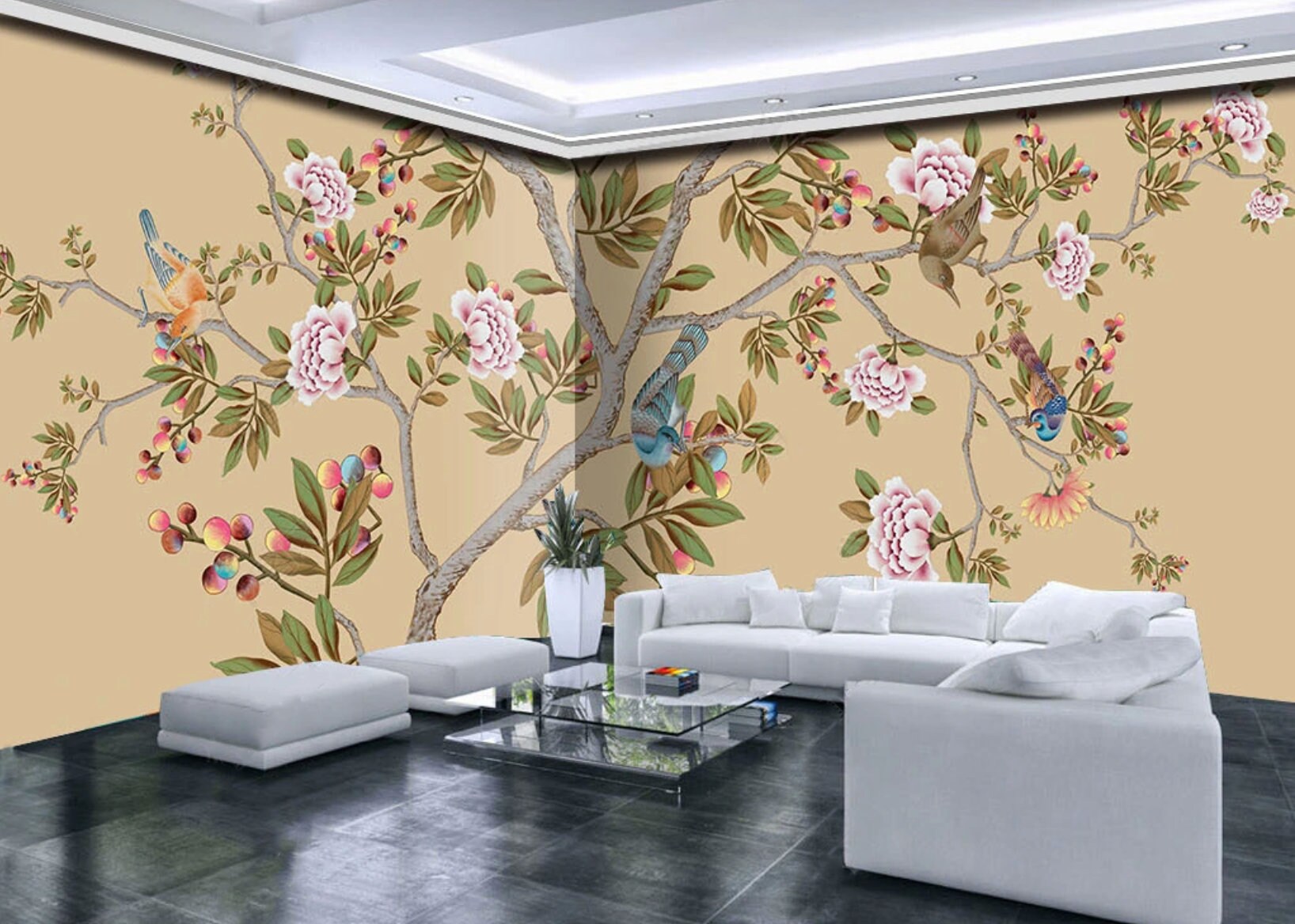 Chinoiserie painted silk Sakura blossoms Botanical removable Japanese wall art Flowers wall mural prints Peel & stick Art deco wallpaper