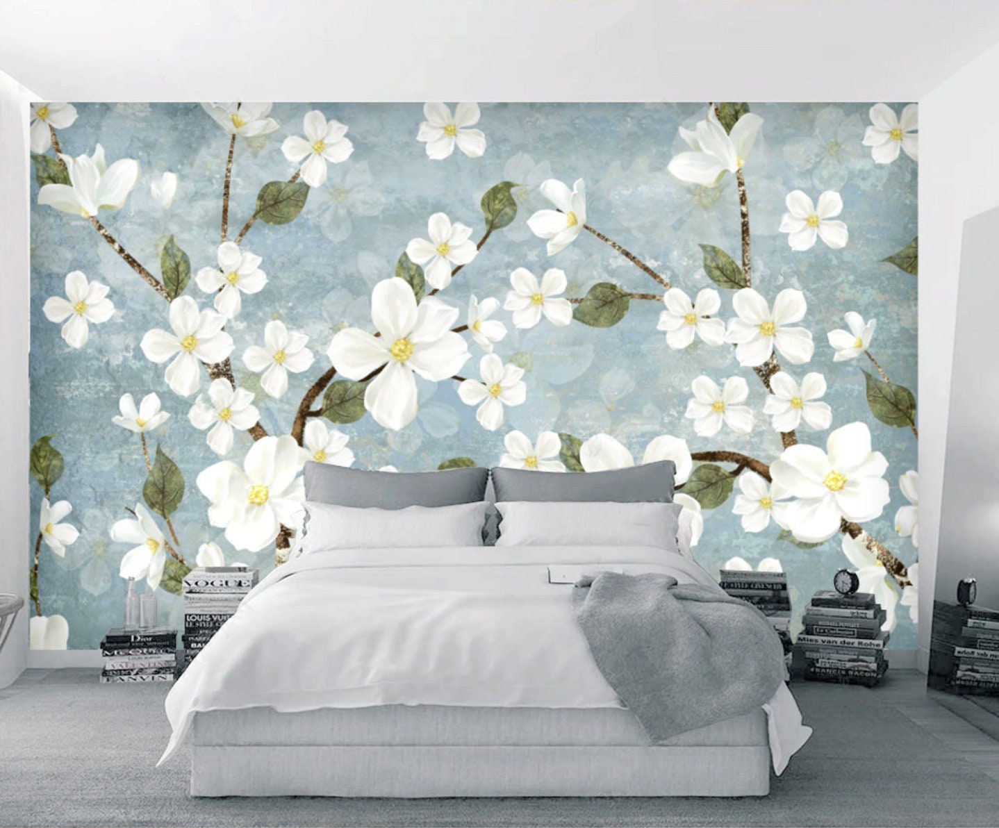 Peel and stick Home wall decor Sakura blossoms Botanical removable Japanese wall art Flowers wall mural prints Chinoiserie painted silk