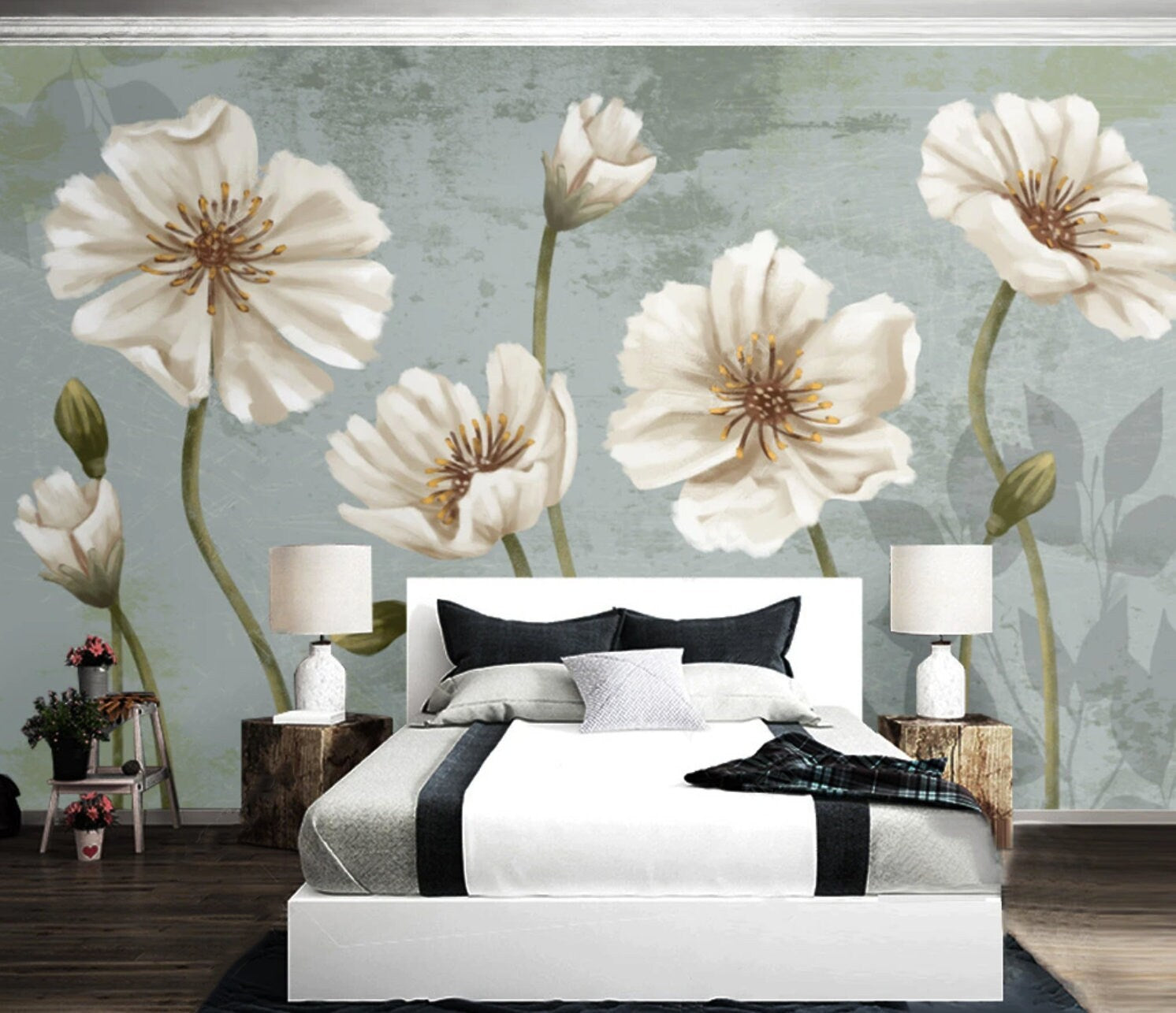 Big flower wallpaper Murals for girls vinyl wall murals prints Peel and stick Botanical removable Herb prints wall art Textured wallpaper