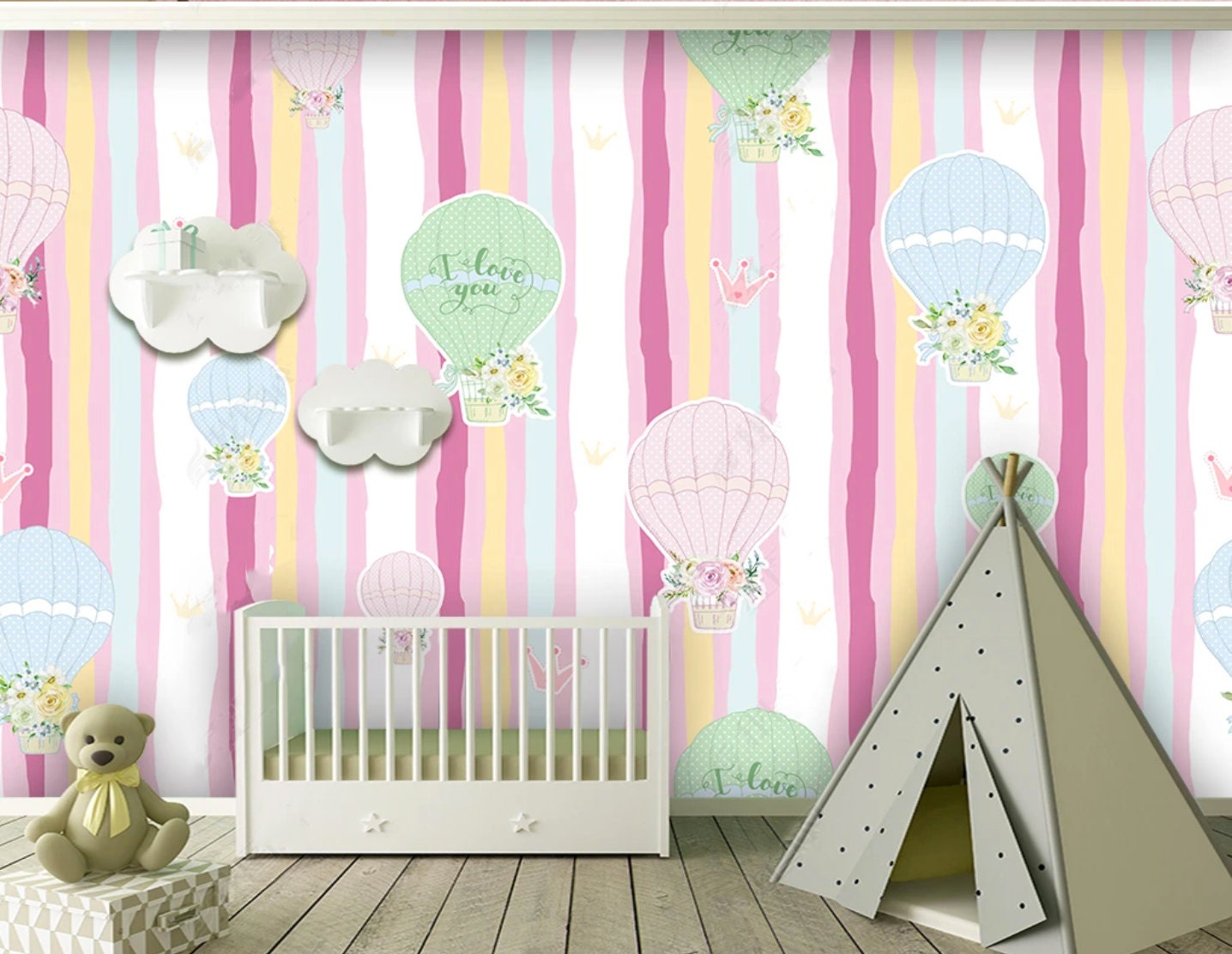 Nursery girl Blush wallpaper mural peel and stick Playroom wall decor Removable wallpaper Hot Air Balloon wallpaper Wall mural photography