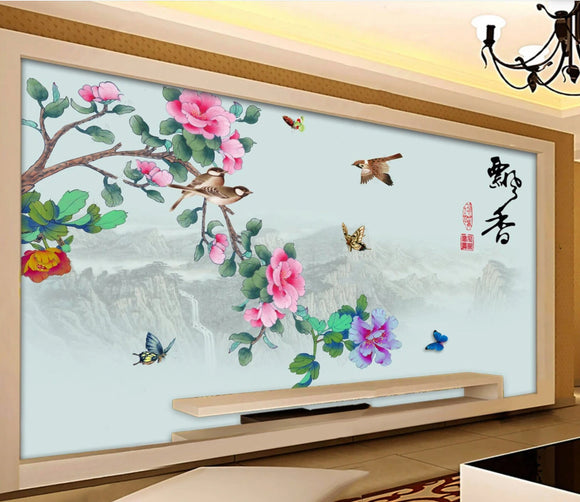 Chinoiserie wallpaper Sakura blossoms Japanese wall art Flowers wall mural prints Peel&stick wallpaper Asian wall art Botanical removable