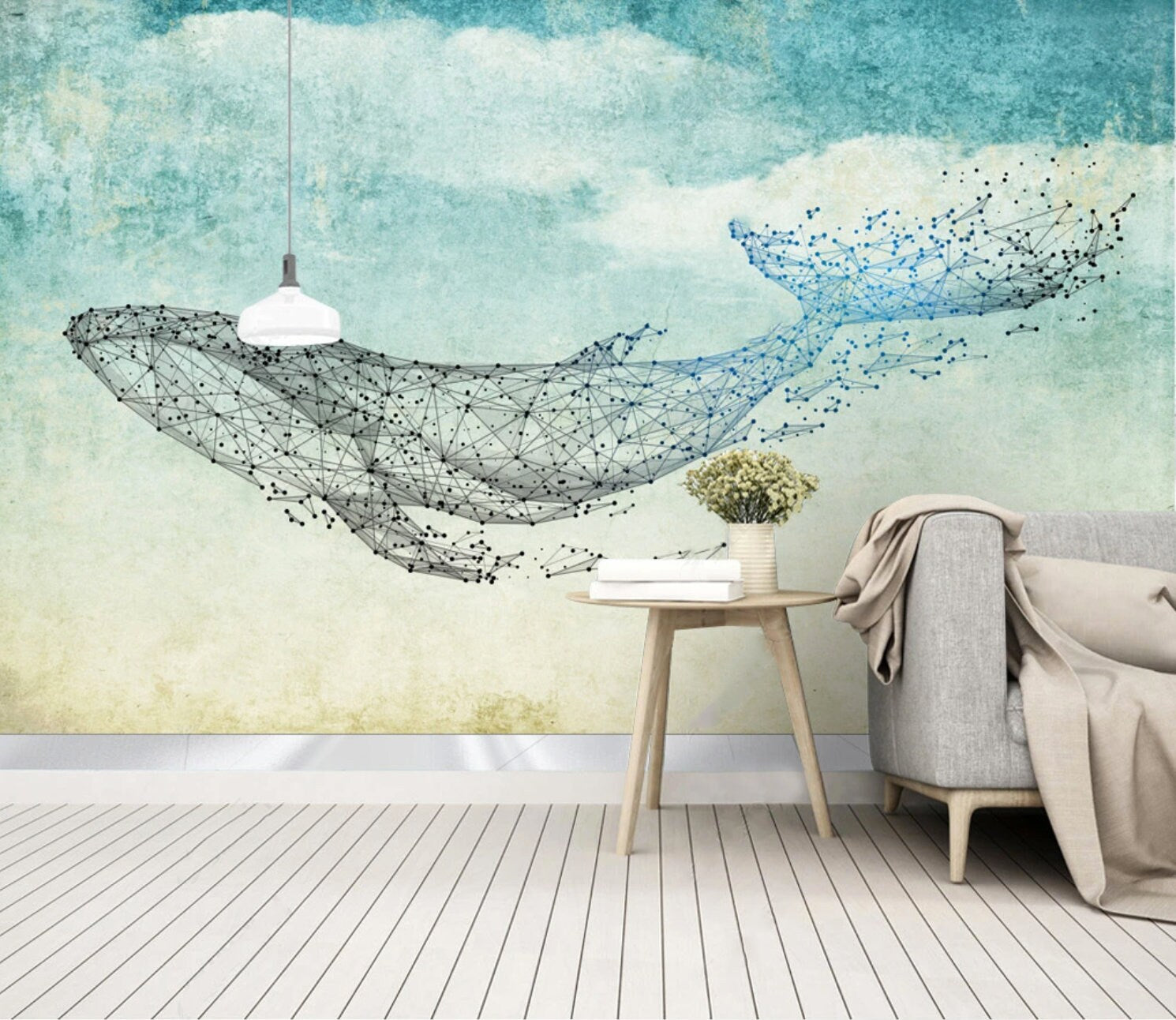 Whale wall art Peel and stick wall mural Modern Removable wall decor Textured fabric vinyl wallpaper abstract wall covering shark poster