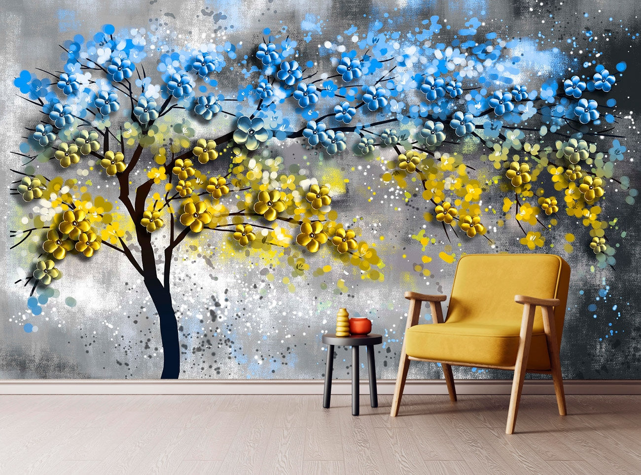 Floral wallpaper mural Blue and yellow wall art Tree wall decals & murals, Peel and stick, removable wallpaper for bedroom, living room