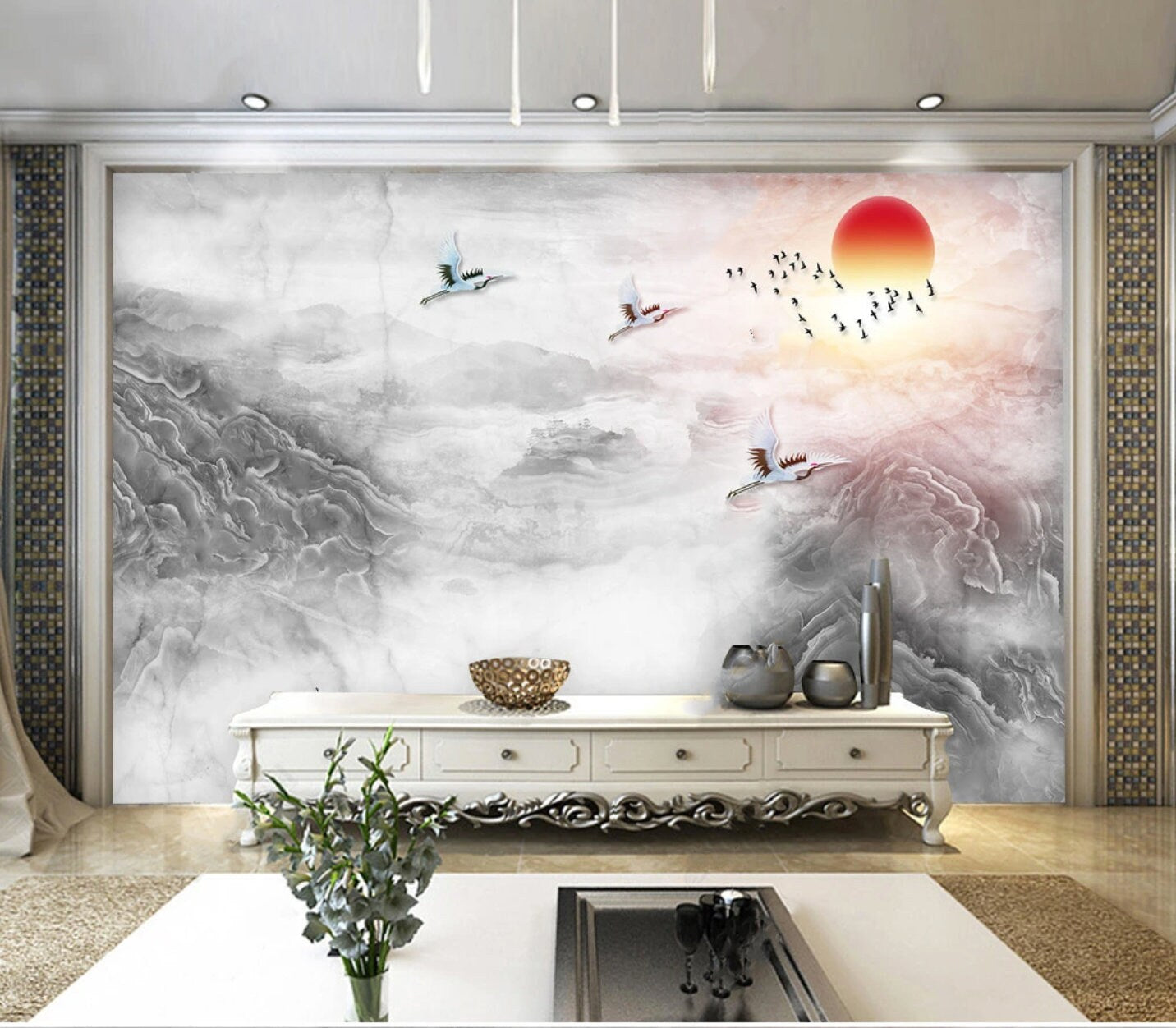 Asian gray marble wallpaper, chinoiserie japanese wallpaper, wall mural prints peel&stick wallpaper, smoky mountains, rising sun wall decal