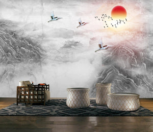 Asian gray marble wallpaper, chinoiserie japanese wallpaper, wall mural prints peel&stick wallpaper, smoky mountains, rising sun wall decal