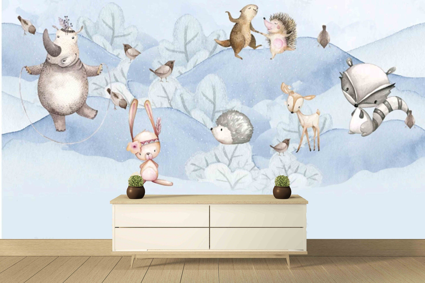 Modern animal blue wallpaper nursery, baby boy peel and stick mural, kids room wallpaper, removable wallpaper, vinyl wallpaper