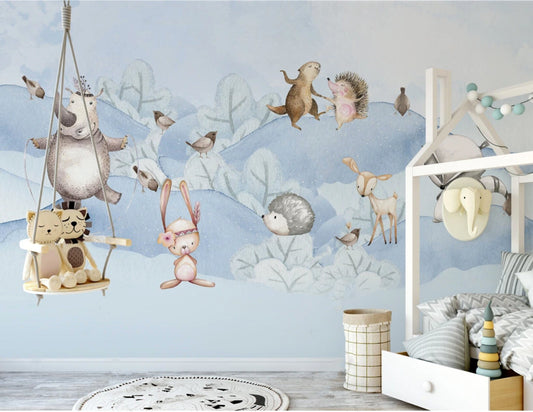 Modern animal blue wallpaper nursery, baby boy peel and stick mural, kids room wallpaper, removable wallpaper, vinyl wallpaper