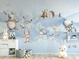 Modern animal blue wallpaper nursery, baby boy peel and stick mural, kids room wallpaper, removable wallpaper, vinyl wallpaper