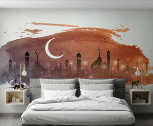 Moon wall mural, brown large art wallpaper peel and stick wall mural prints, modern wall decor, vinyl wallpaper, night sky wallpaper