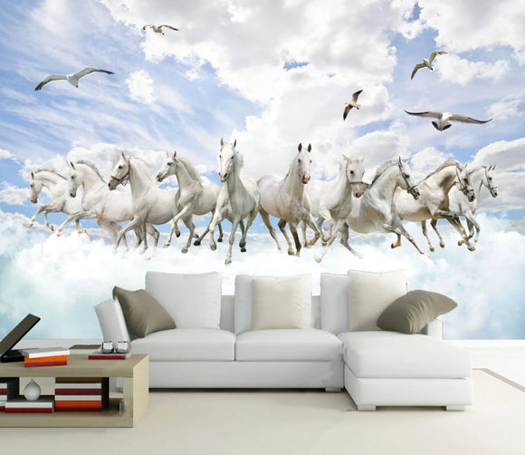 Horse decor for girls room Wild horse print, clouds wallpaper peel and stick wall mural Photo wallpaper, giant vinyl wallpaper