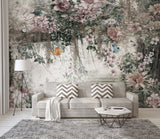 Boho flowers light wallpaper, floral peel and stick wall mural, botanical photo wallpaper for bedroom, living room, kitchen