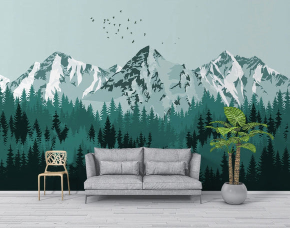 Mountains wallpaper peel and stick wall mural, green wallpaper, forest wallpaper, nature wall covering removable, self adhesive