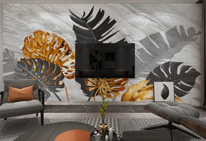 Black and gold wallpaper, tropical wallpaper, marble wallpaper, leaf wallpaper peel and stick wall mural, vinyl wallpaper