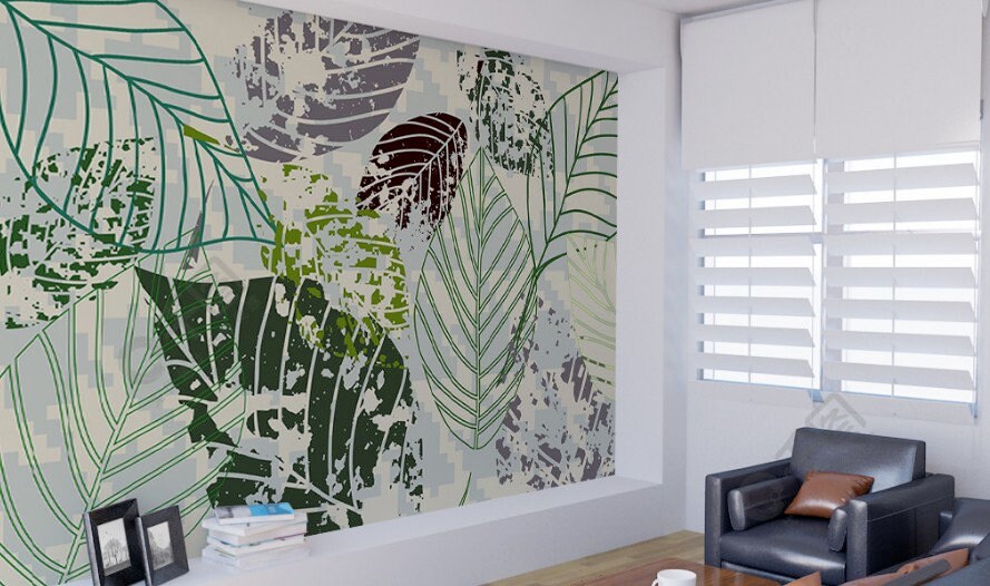 Large leaves mural, leaves wallpaper peel and stick, modern vinyl, canvas wallpaper, wall covering stick on wallpaper