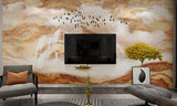 Asian marble wallpaper, chinoiserie japanese brown wallpaper peel&stick wall mural prints, smoky mountains, rising sun wall decal