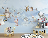 Modern animal blue wallpaper nursery, baby boy peel and stick mural, kids room wallpaper, removable wallpaper, vinyl wallpaper