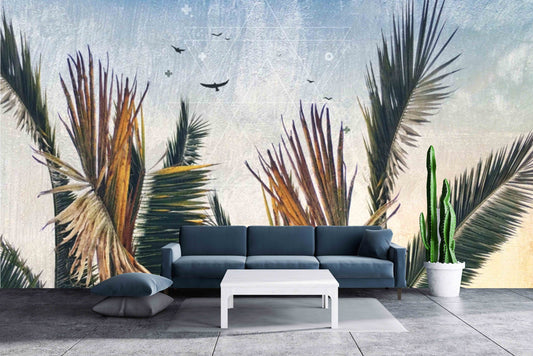 Tropical wallpaper bedroom , palm leaf exotic wallpaper, botanical pattern wallpaper, peel and stick wall mural