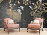 Asian grey gold wallpaper peel and stick wall mural, japanese wallpaper, chinoiserie self adhesivewallpaper, vinyl wall mural prints