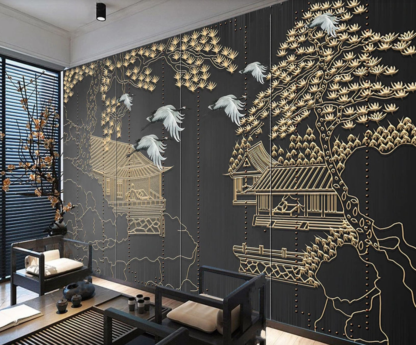 Asian grey gold wallpaper peel and stick wall mural, japanese wallpaper, chinoiserie self adhesivewallpaper, vinyl wall mural prints