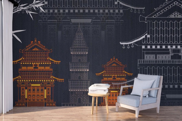 Japanese wallpaper, asian grey gold wallpaper peel and stick wall mural, chinoiserie self adhesivewallpaper, vinyl wall mural prints