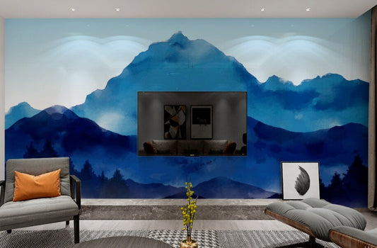 Blue removable mountain wallpaper peel and stick wall mural abstract minimalist wallpaper bedroom wall decor