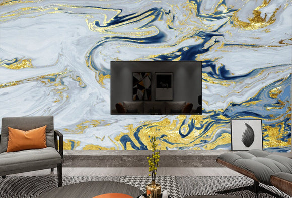 Gold and blue wallpaper marble wall mural peel and stick abstract splash wallpaper, living room, bedroom wall decor fluid art