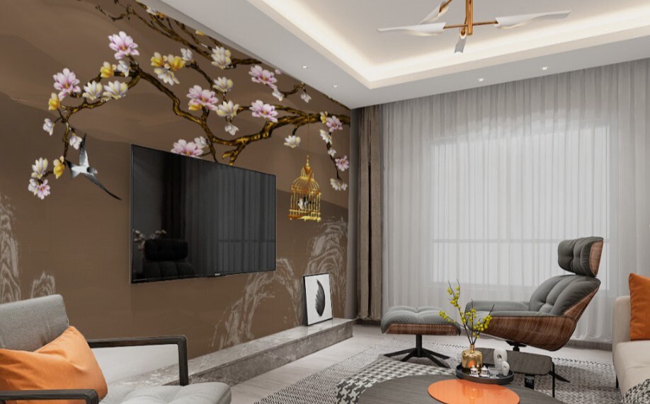 Sakura blossoms botanical wallpaper peel and stick wall mural prints, removable japanese brown wallpaper