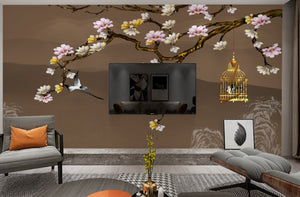 Sakura blossoms botanical wallpaper peel and stick wall mural prints, removable japanese brown wallpaper