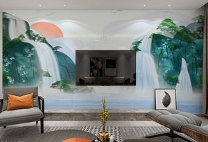 Asian wallpaper, chinoiserie japanese waterfall art wallpaper peel and stick wall mural prints rising sun wall decal