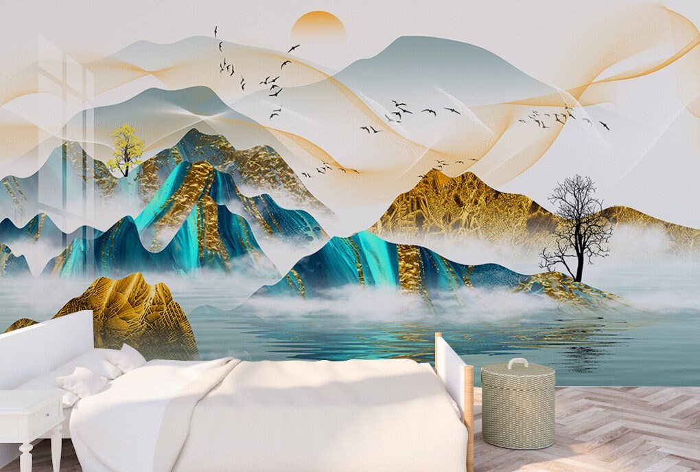 Mountains wallpaper peel and stick wall mural, mountain wall sticker nature wall covering removable, self adhesive