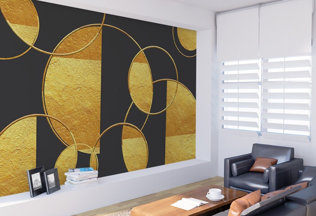 Black and gold wallpaper peel and stick wall mural art deco abstract geometric vinyl, canvas wallpaper