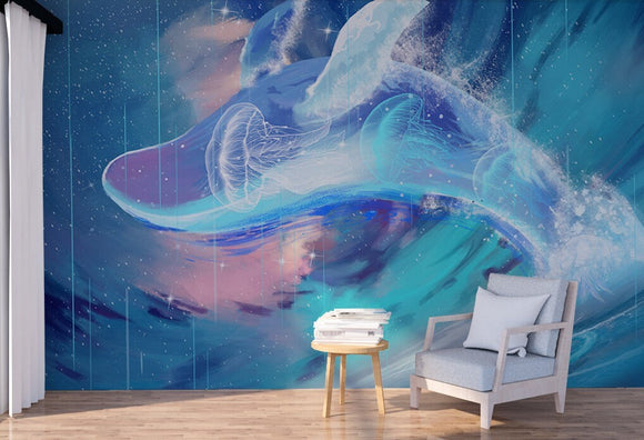 Blue whale wallpaper peel and stick wall mural, modern removable wall decor, vinyl, canvas wallpaper abstract wall covering shark poster