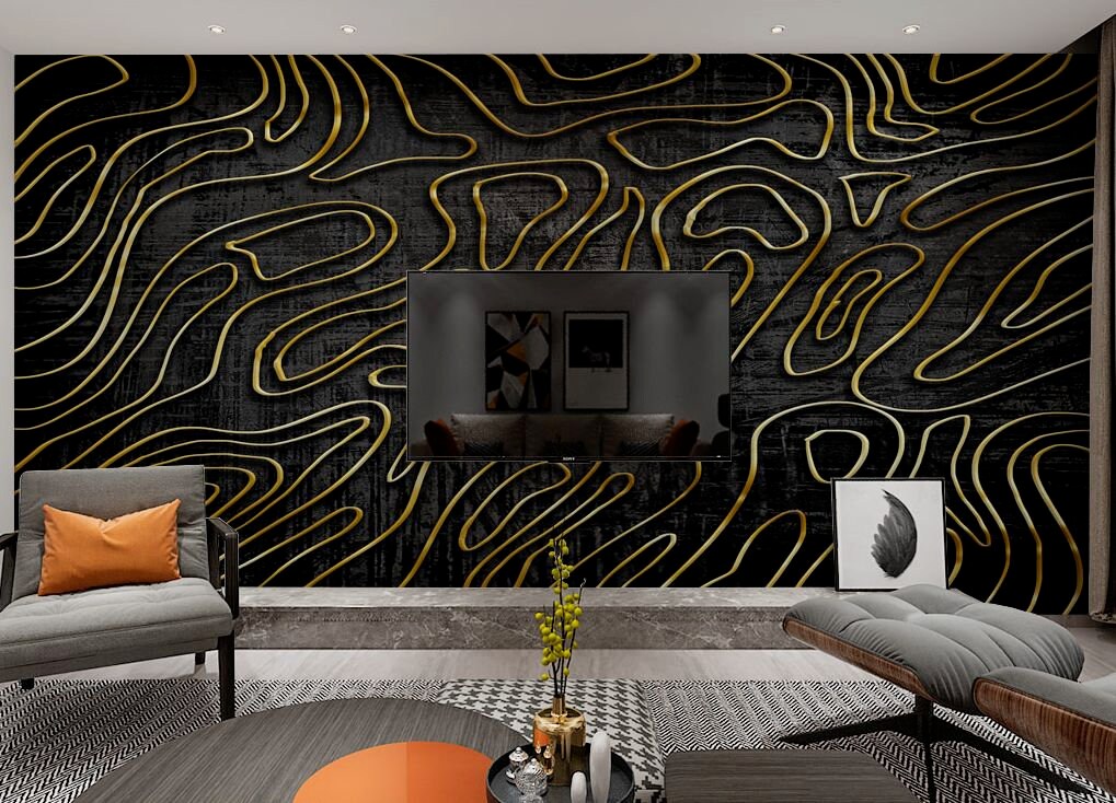 Abstract black and gold wallpaper peel and stick wall mural, removable art deco modern wallpaper minimalist bedroom wall decor