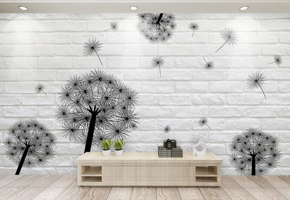 Dandelion wallpaper, black and white floral wallpaper peel and stick wall murals, botanical removable wallpaper