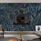Leaves wallpaper peel and stick wall mural, modern blue and gold vinyl, canvas dark floral wallpaper