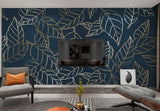 Leaves wallpaper peel and stick wall mural, modern blue and gold vinyl, canvas dark floral wallpaper